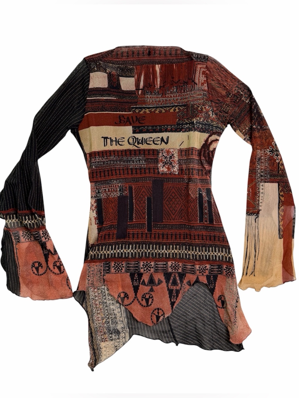 Rare Save the Queen Y2K Tribal Boho Patchwork Mesh Tunic Top Bell Sleeve Graphic